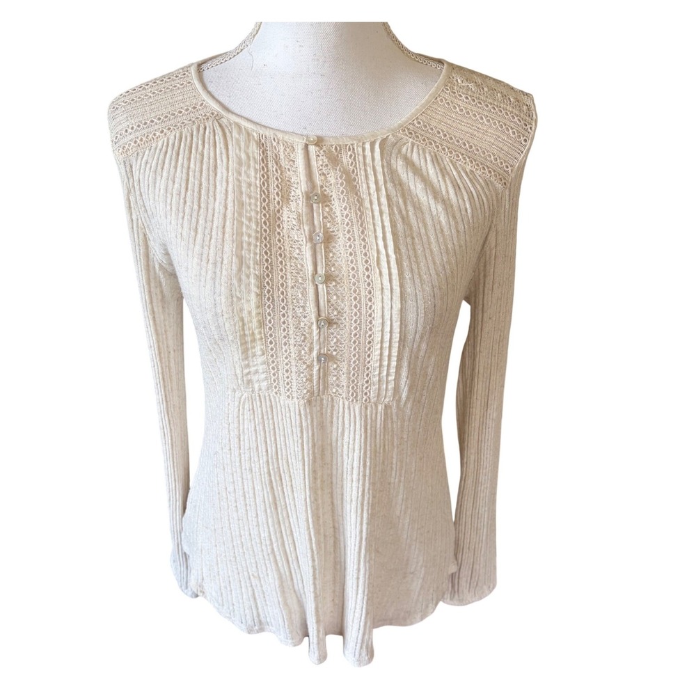 Lucky‎ Brand Cream Ribbed Lace Henley Long Sleeve Boho Cottagecore Feminine XS